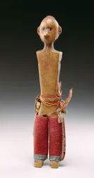 Figura masculina (boneca do amor) Potawatomi, 1800-60 (madeira e tecido de lã)